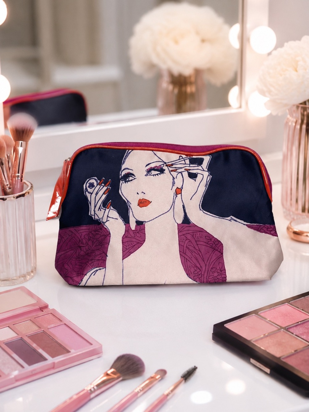 Estée Lauder Illustrated Woman Cosmetic Makeup Bag Travel Pink Navy, Like New